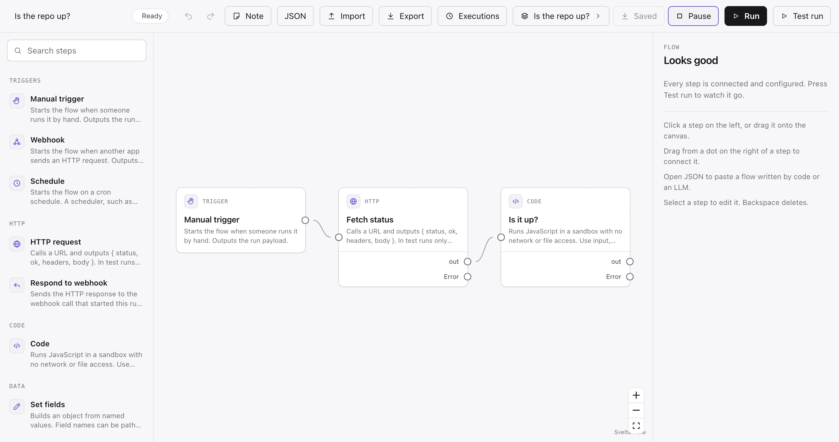 The editor served by arcflow dev: a toolbar with Executions, a flow list, Saved, Pause, Run and Test run, above the step list, a three-step flow and the inspector.